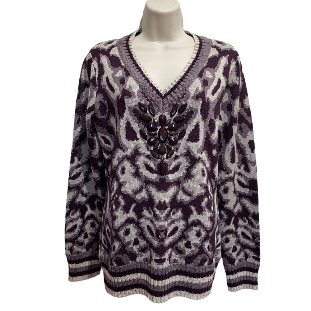 Motive Wool Blend Rhinestone Embellished V-Neck Sweater Plum Purple Sz M